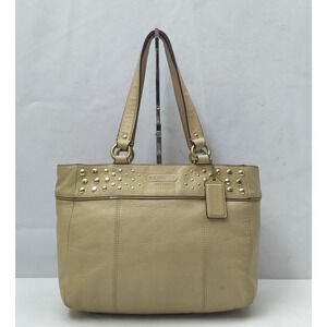 Coach Tan Leather Studded Double Handle Zipper Closure Tote Shoulder Bag